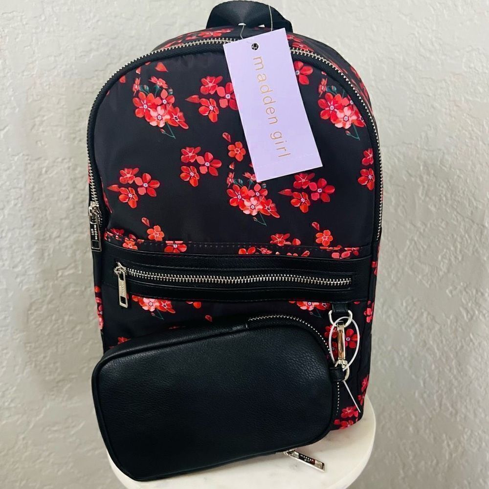 Madden Girl Mini Backpack & Pouch Bag,‎ Lightweight, Black Red Floral, NWT